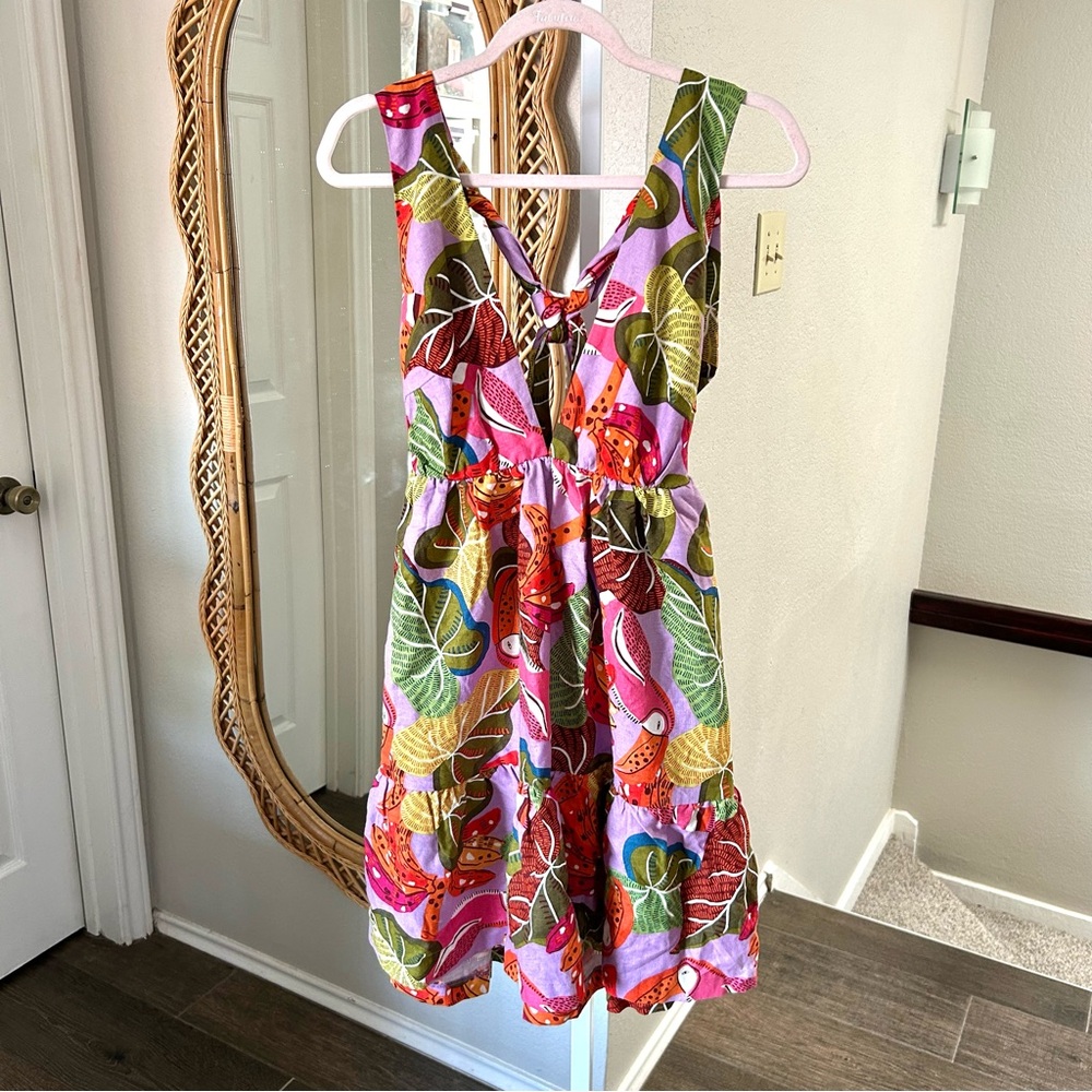 House Of Harlow 1960 / NWT Linen-Blend Open Back-Bow Mini Halter Dress Tropical